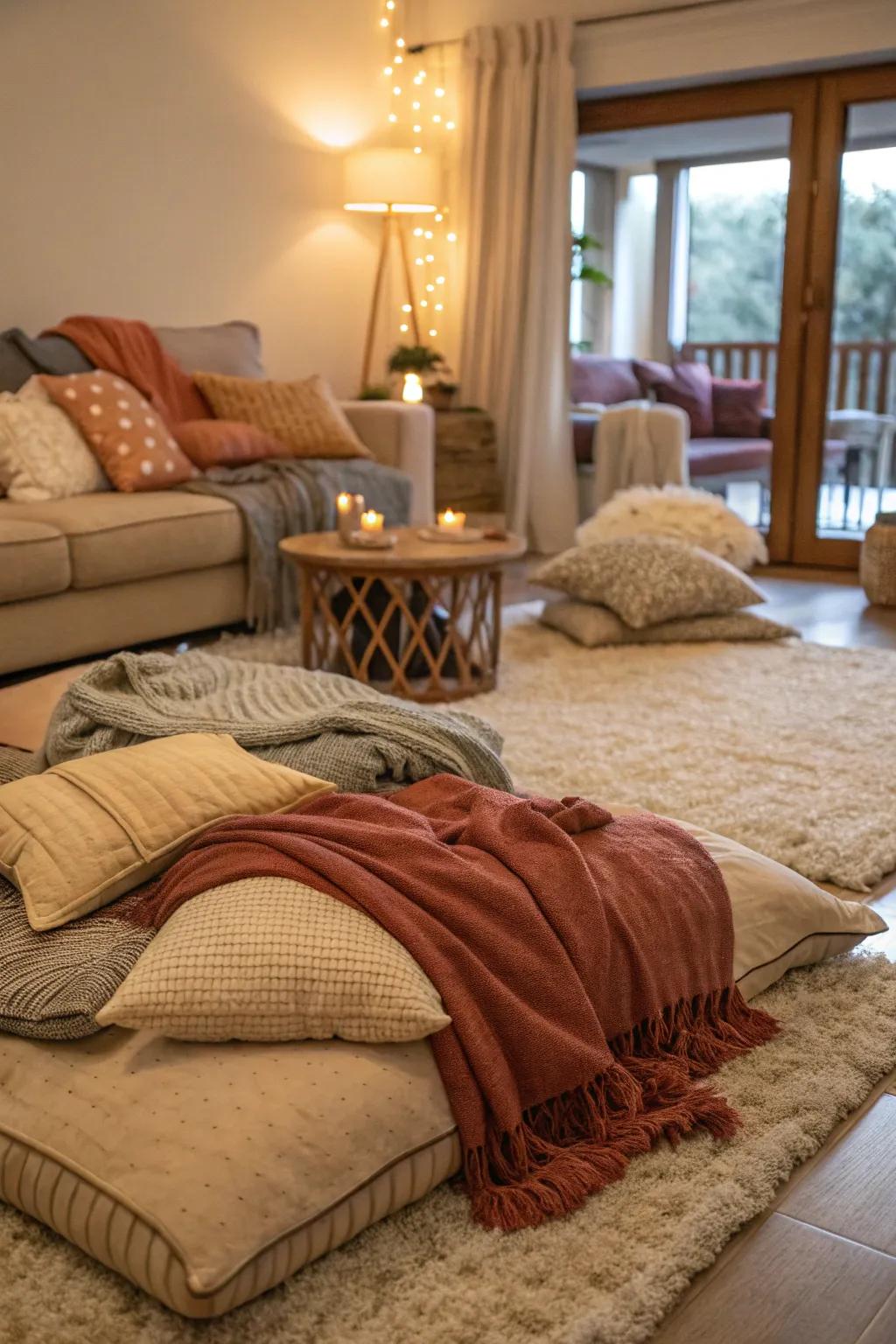 Layered textiles amplify warmth and comfort.