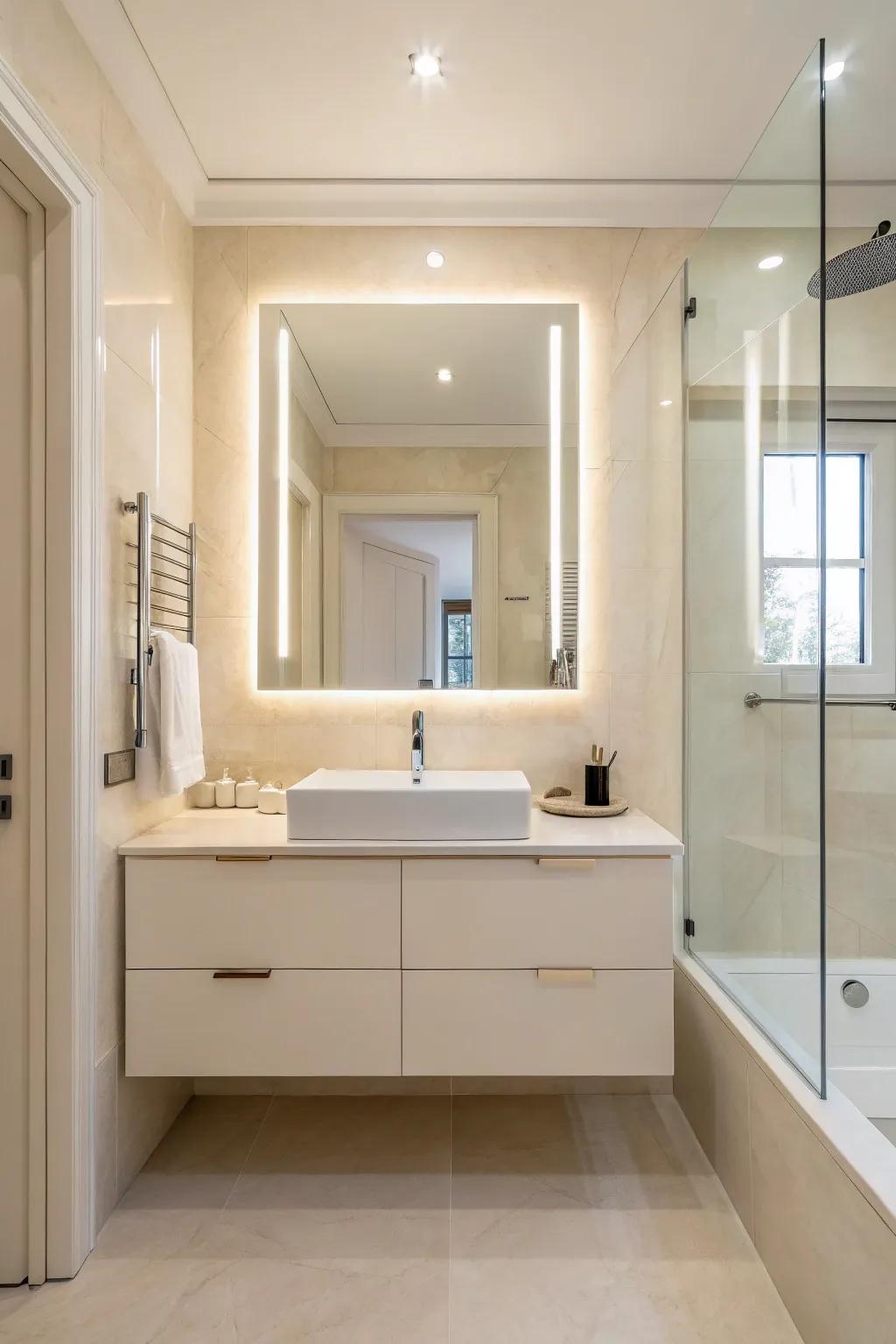 Refined design aspects enrich this modern cream bathroom.