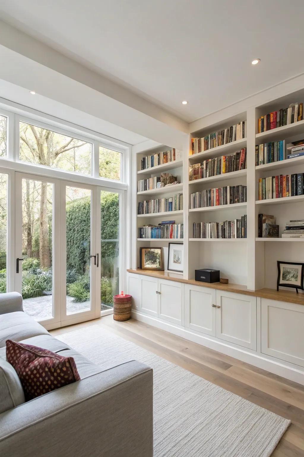 Integrated bookshelves present a streamlined and sophisticated ambiance.