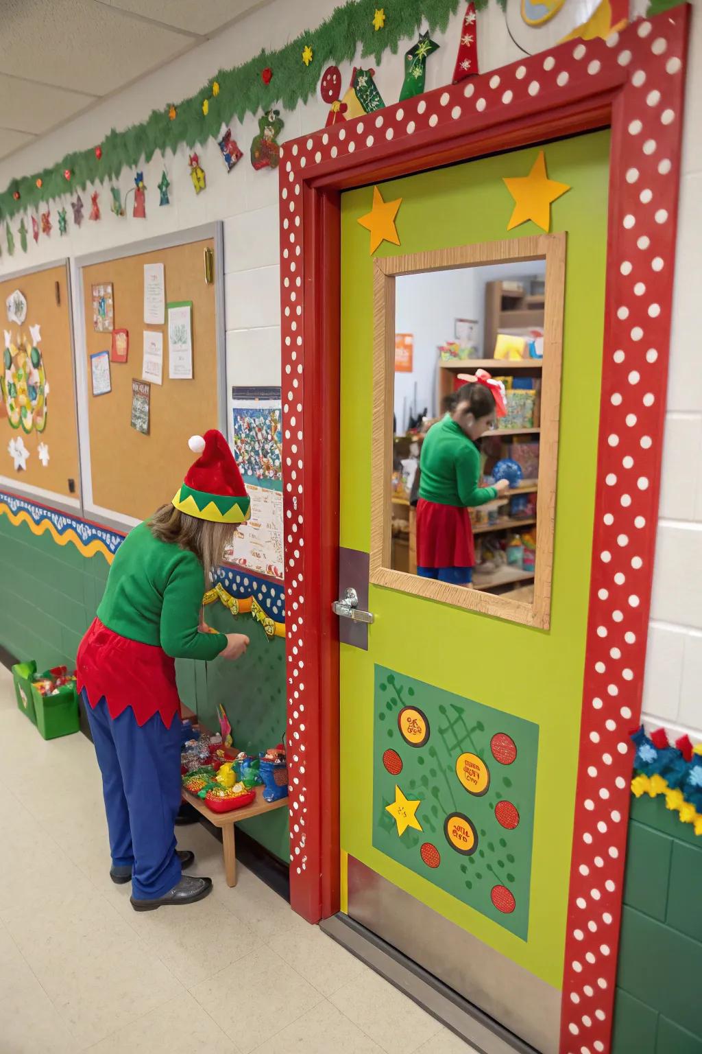 A classroom door portraying Santa's workshop, bustling with elves and playthings.