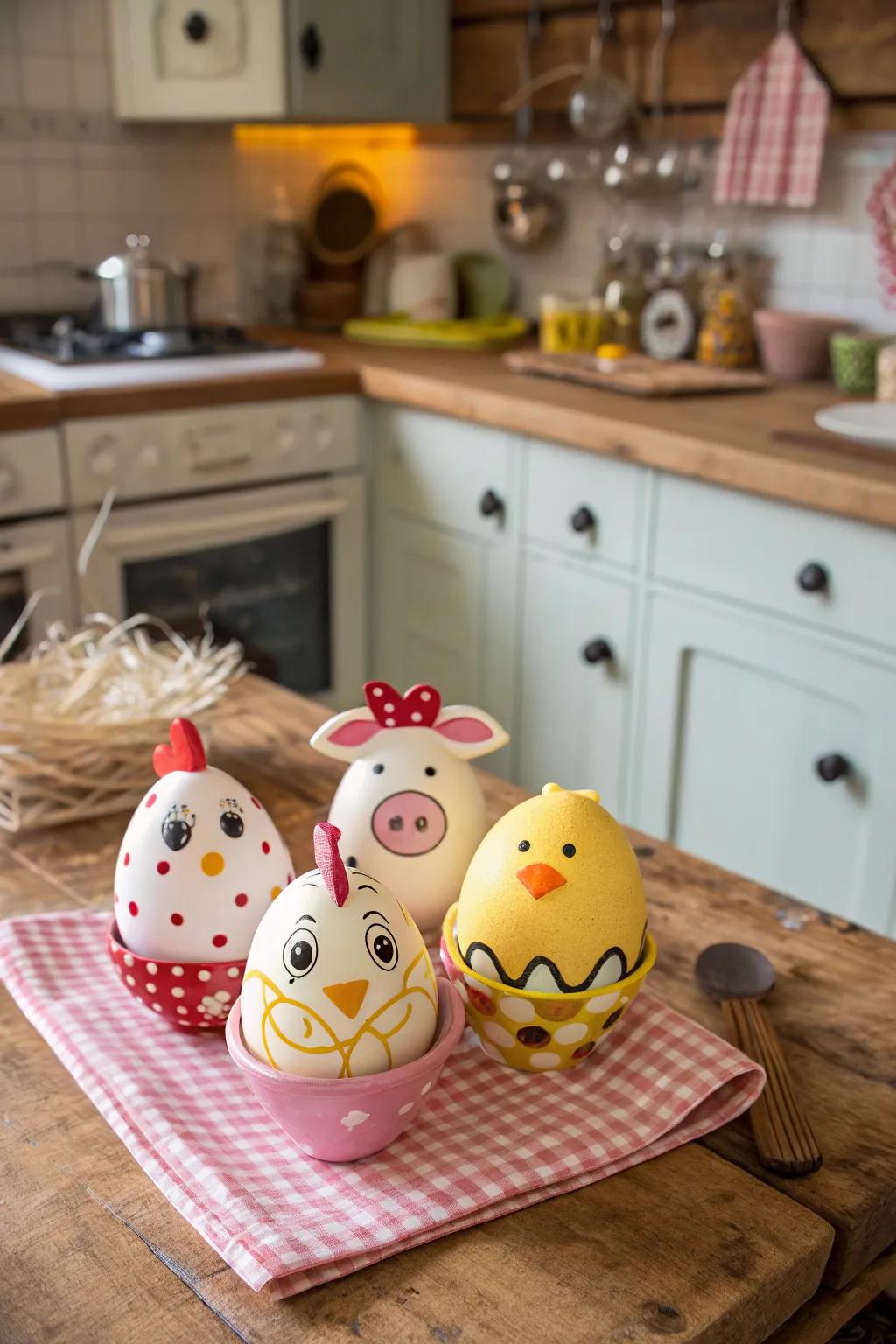 Endearing animal-themed eggs imbuing an element of pastoral allure indoors.