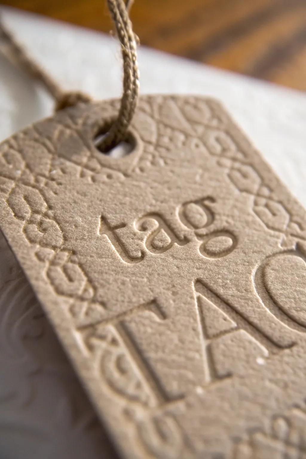 A textured tag with detailed embossing that tempts the sense of touch.