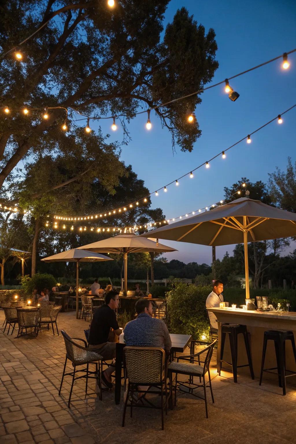 Decorative lights infuse a magical dimension to this outdoor bar.