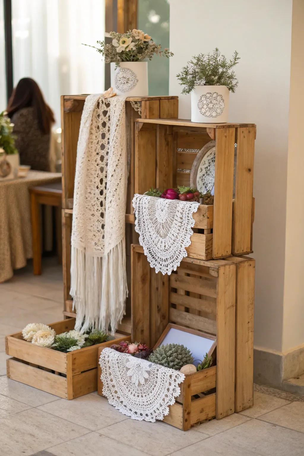 Embrace countryside elegance with repurposed produce boxes for your crochet craft presentation. Uncomplicated, fashionable, and attention-grabbing!