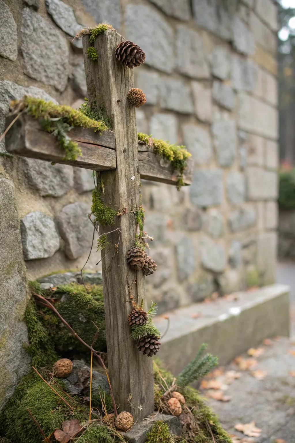 Earthy figure featuring raw vegetative matter and conifer cone details