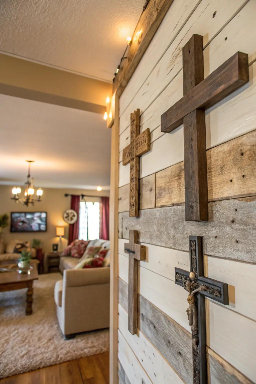 Rustic wall decor highlighting wooden and metal crosses.
