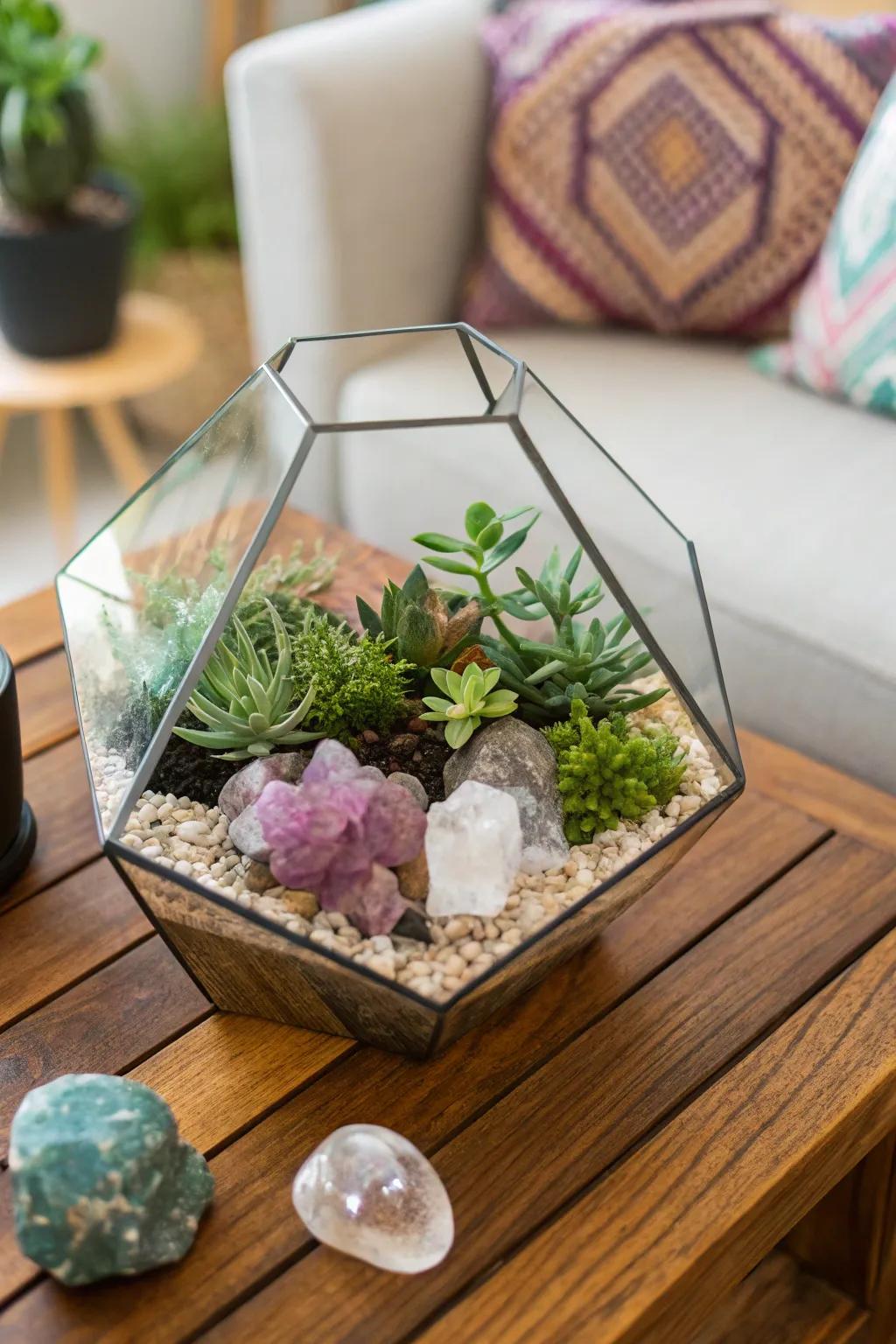 An enclosed glass garden featuring crystals and flora, creating a natural setting.
