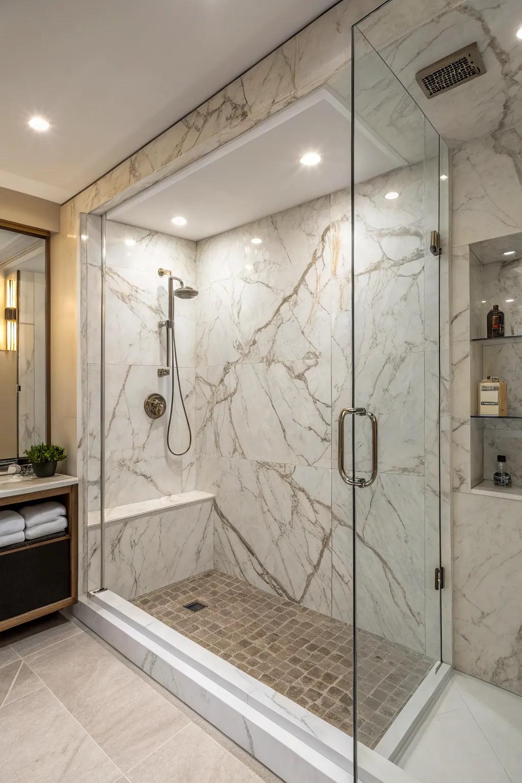 Unique veining textures bring a special touch to refined composite showers.