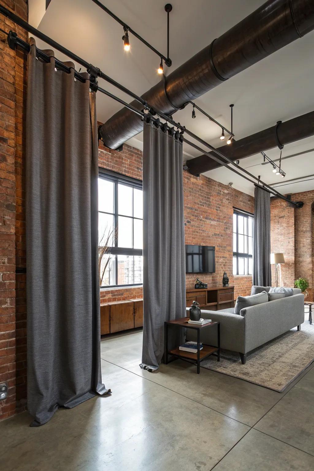 Metal tubing utilized as curtain supports gives rise to a noteworthy urban-inspired chic visual.