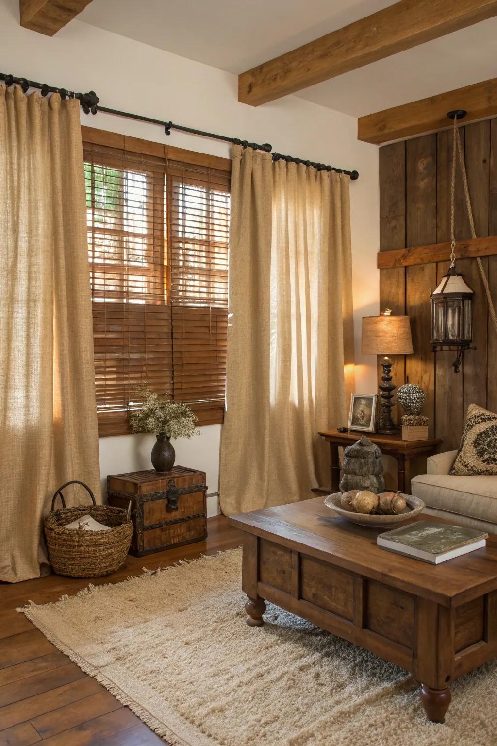 The amalgamation of burlap and wood yields a cozy, countryside-inspired window dressing.