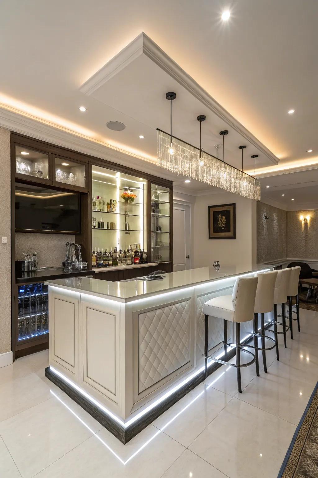 A streamlined, modern bar with minimalist styling and built-in lighting.