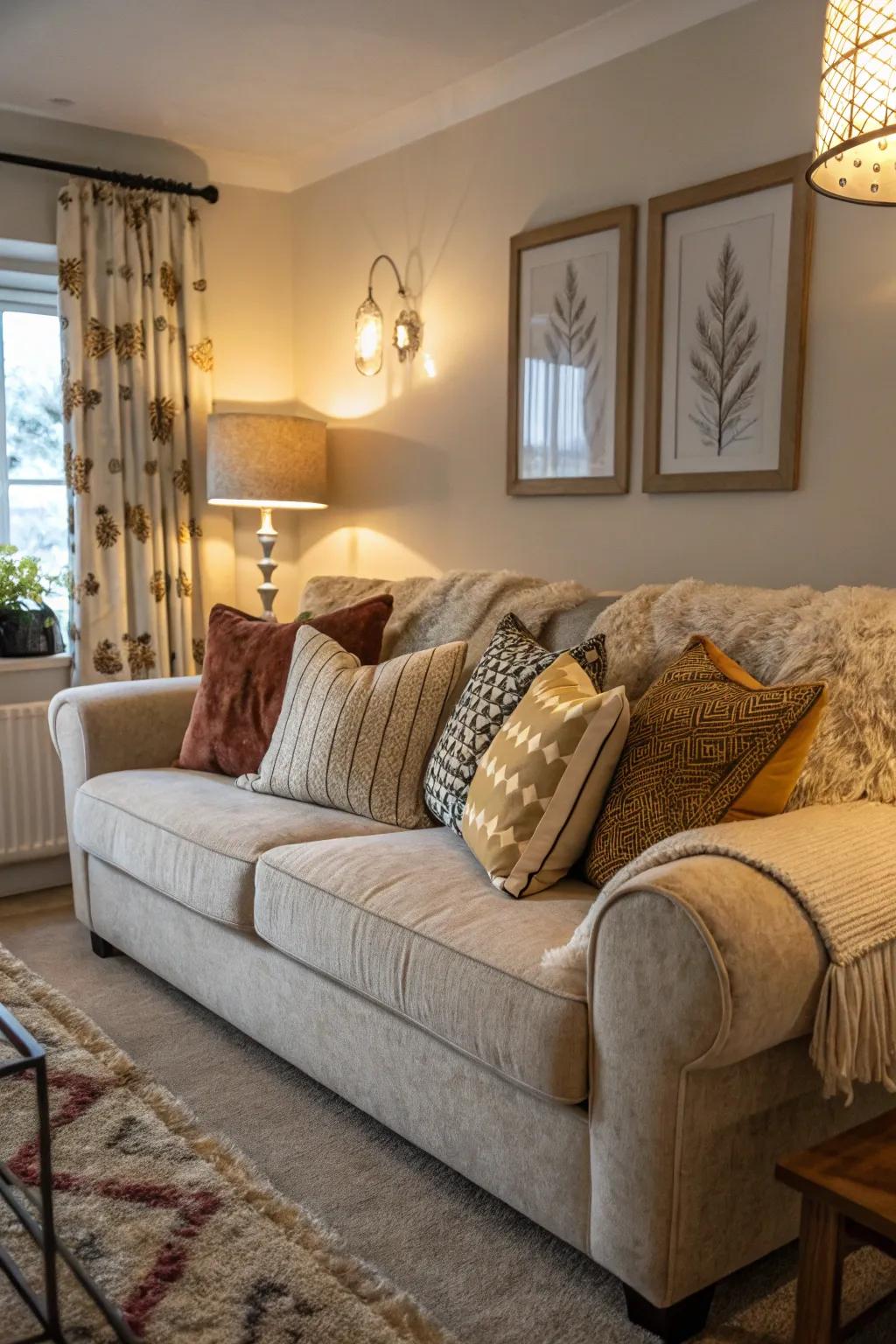 A lavish sofa enhanced with comfortable decorative cushions.