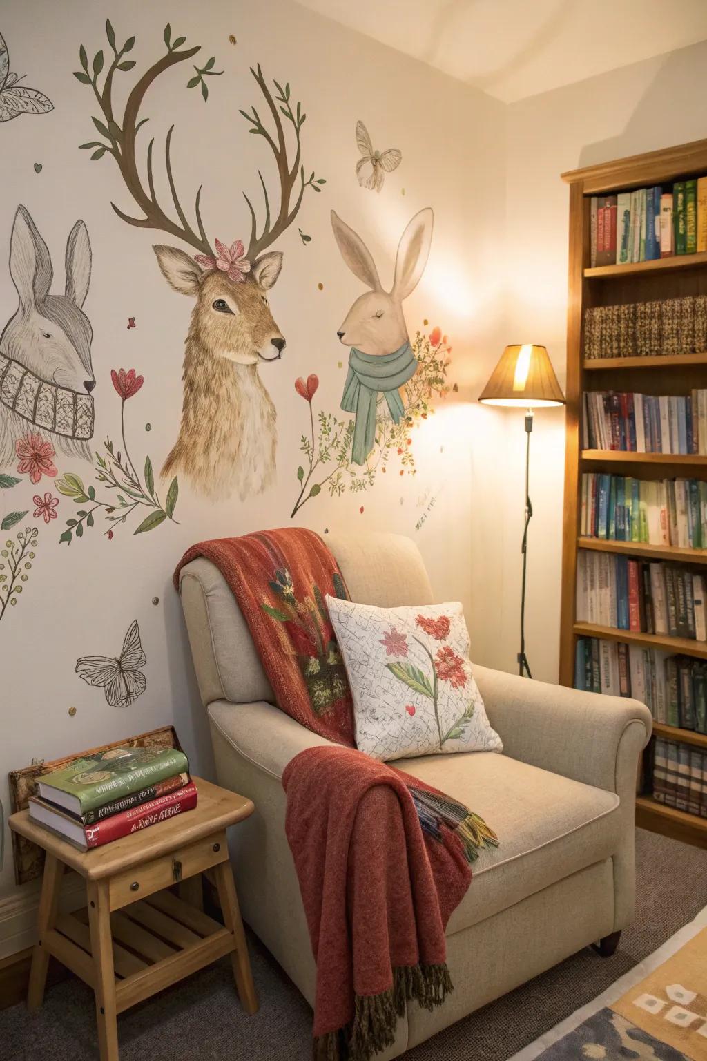 Enchanting forest inhabitants create a magical reading nook.