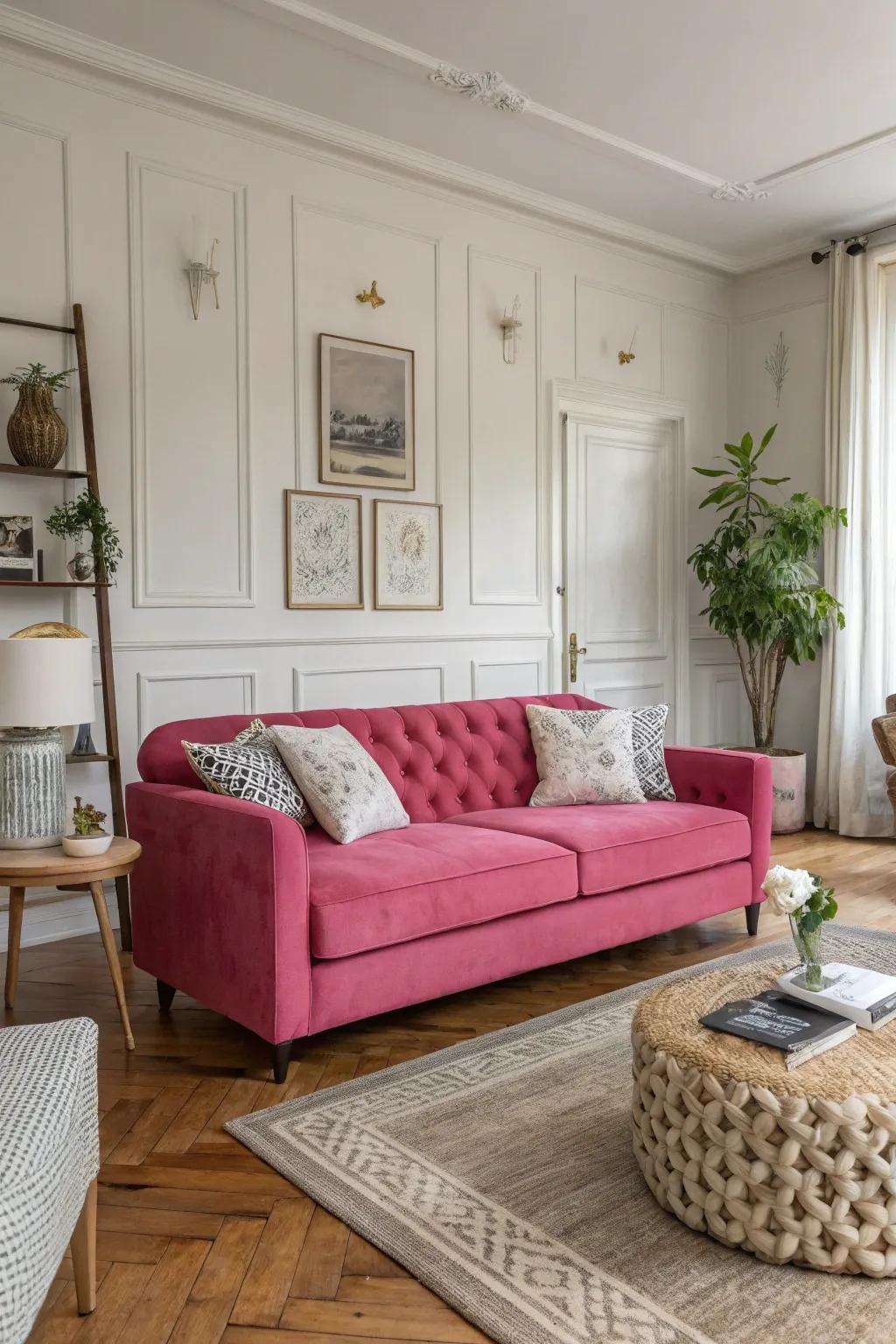 A striking pink divan takes center stage in this fashionable living room.