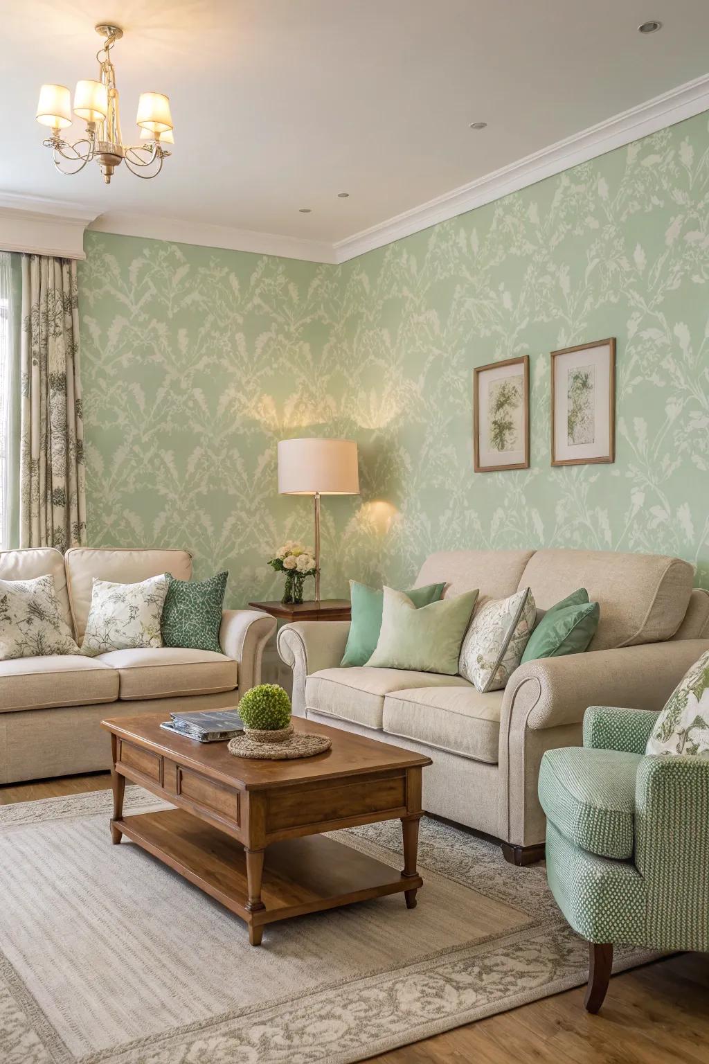 A lounge featuring light green wall covering, ideal as a serene hideaway.