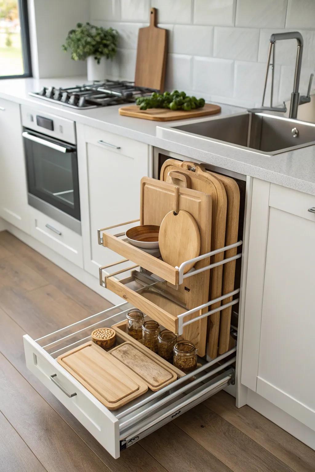 Slide-out shelf showcasing effectively arranged cutting boards.