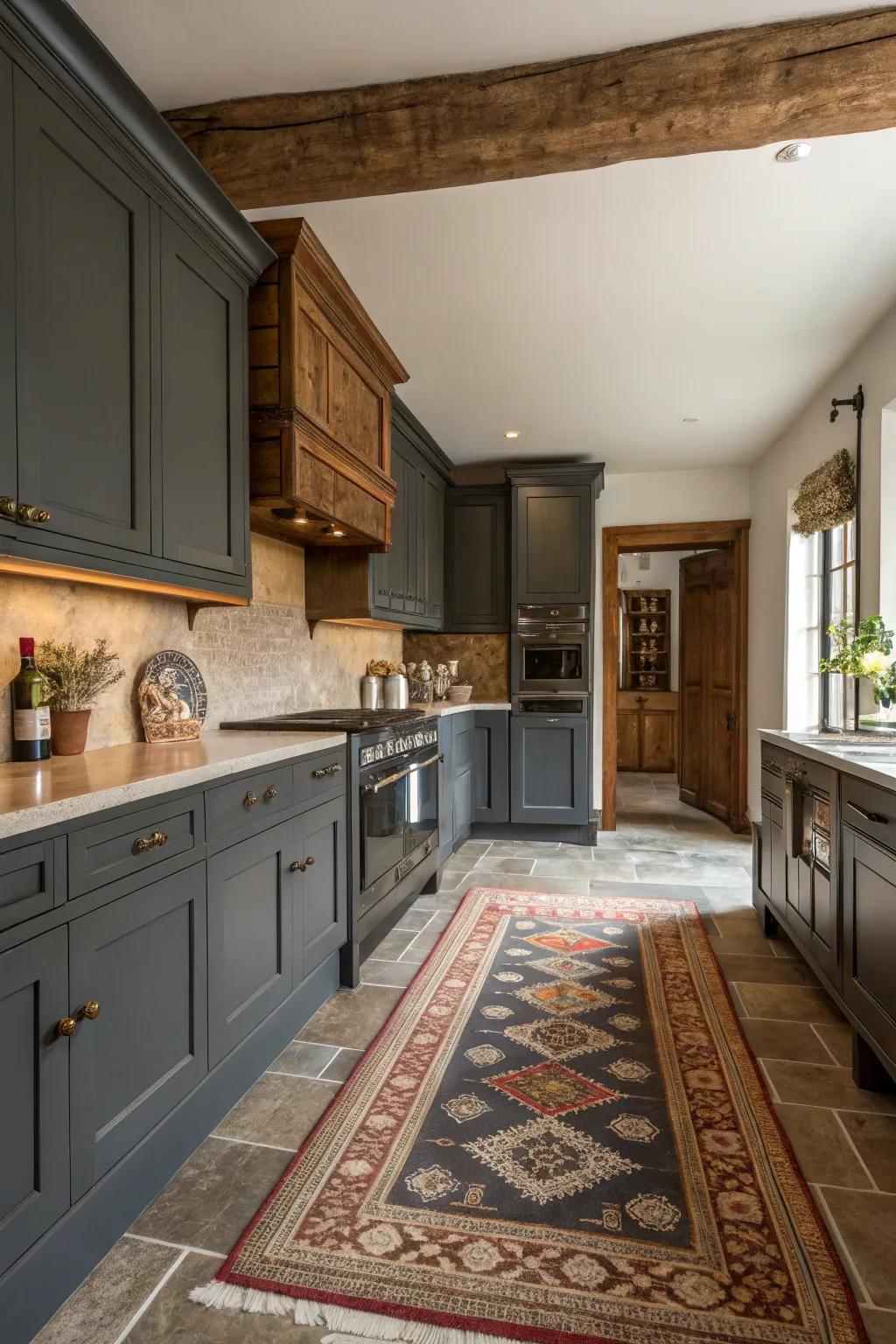 A classic cooking space elevated by charcoal-toned cabinets and timeless timber accents.