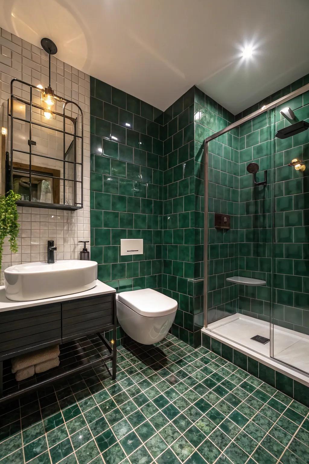 Refined dark green tiles introduce depth and a touch of luxury.