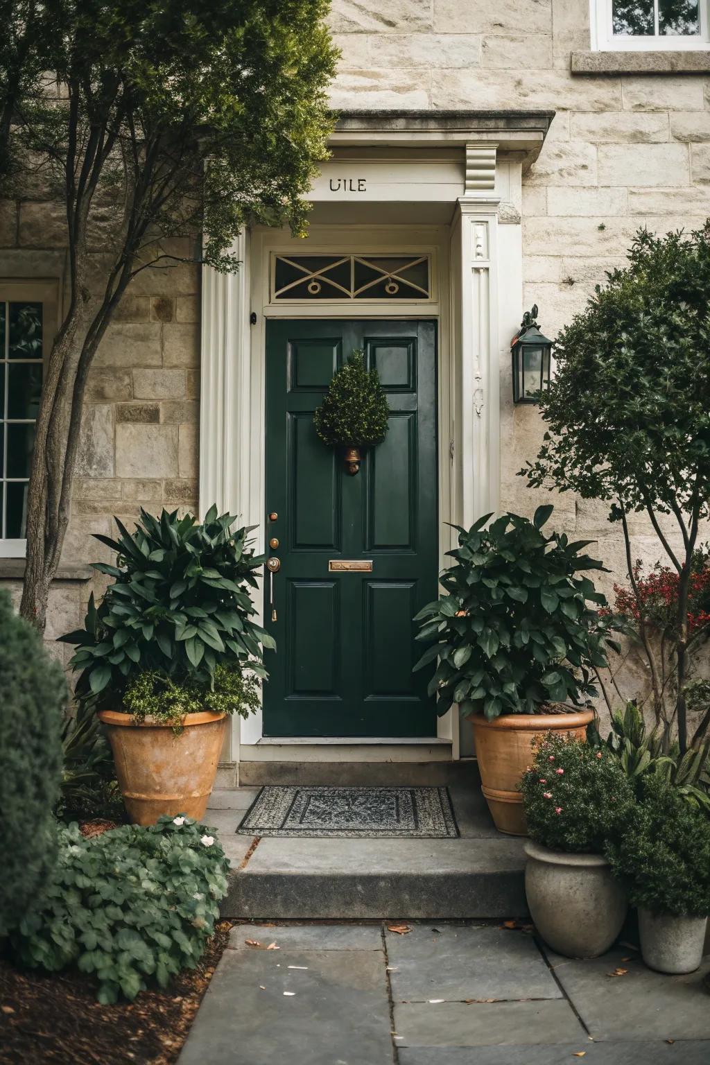 Balanced greenery highlights the welcoming ambiance of the entryway.