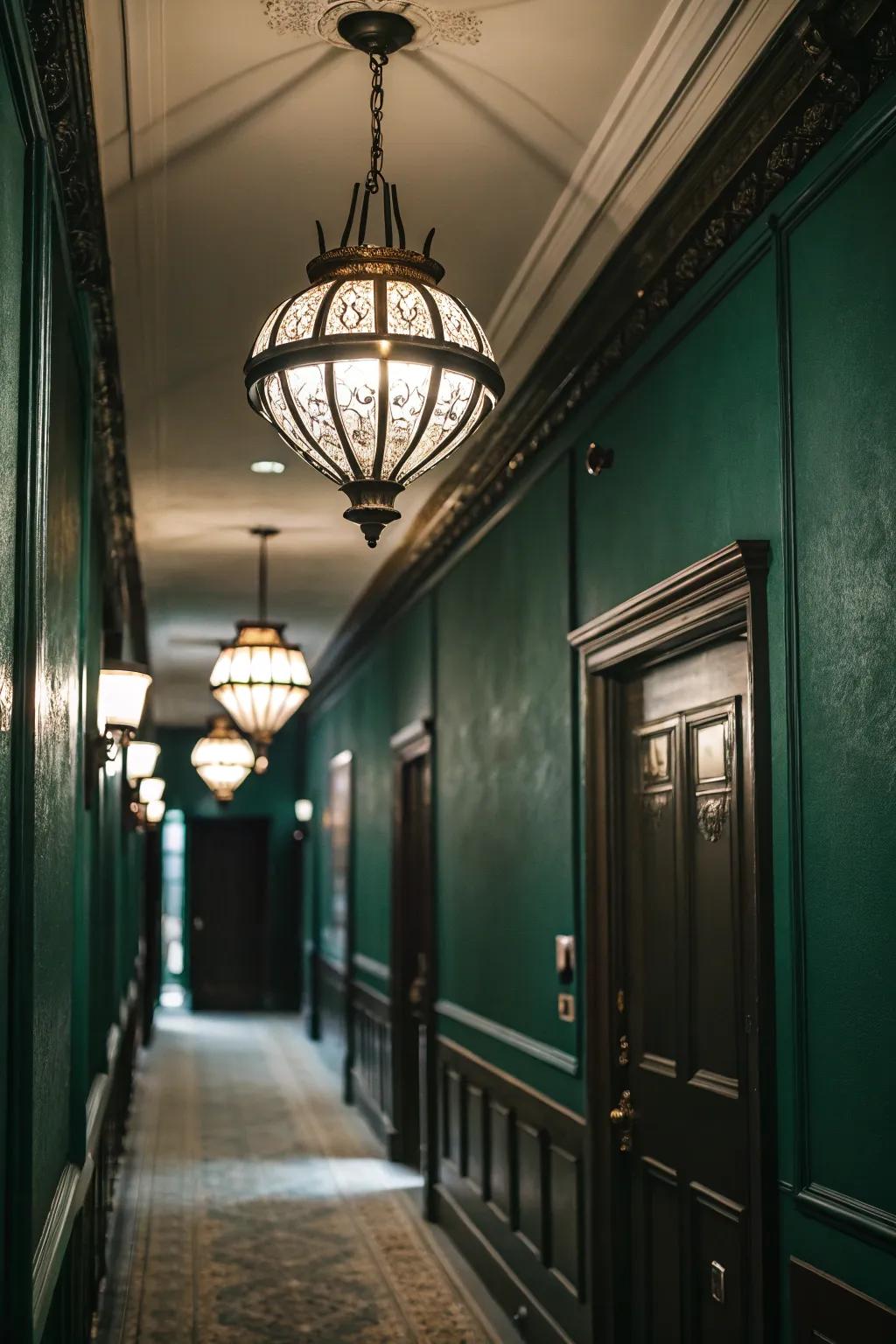 Hanging lights bring a dash of refinement to this hallway painted in dark green.