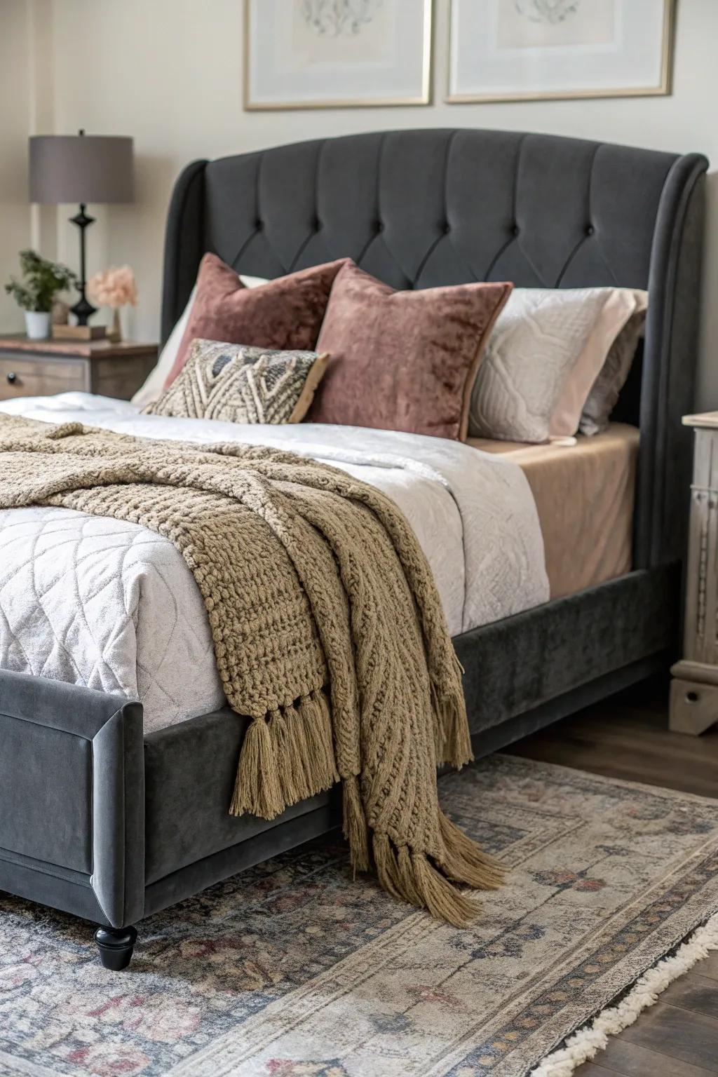 A texturally rich bedroom with a dark grey bed frame and luxe textiles.