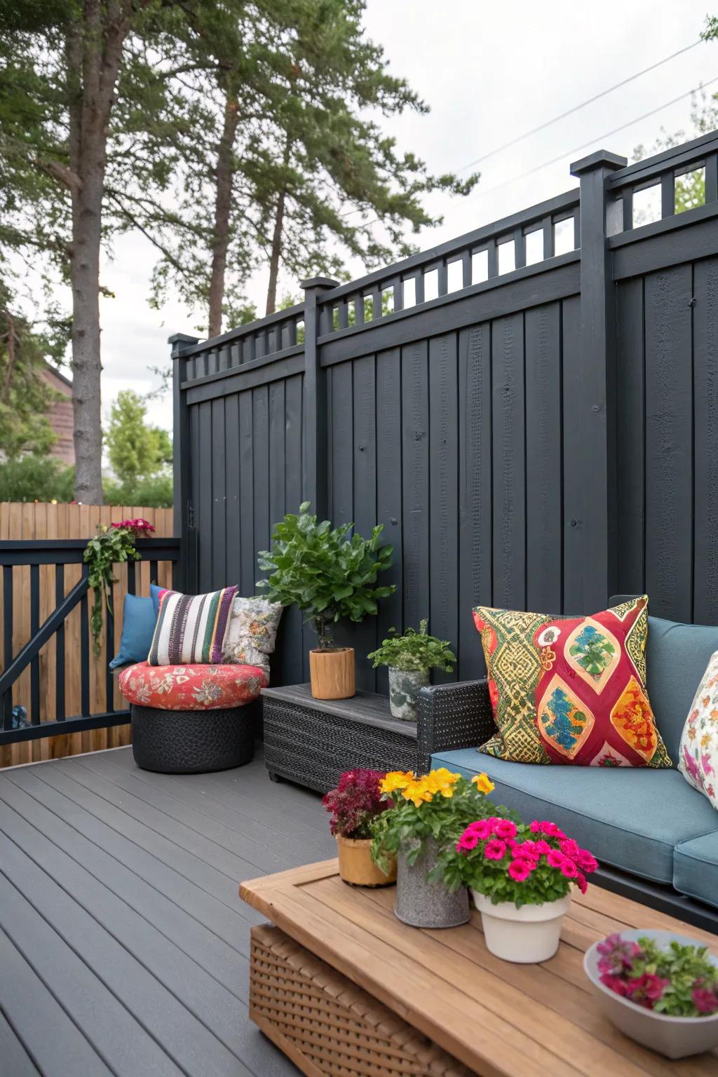 A cozy patio featuring a charcoal-toned privacy fence, highlighted by colorful cushions and planters.