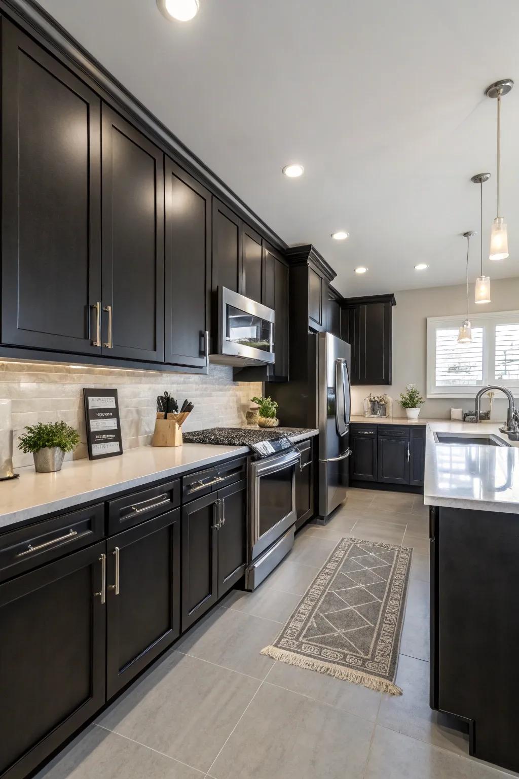 Contemporary stainless steel appliances blend perfectly with dark cabinetry, providing a polished appearance.