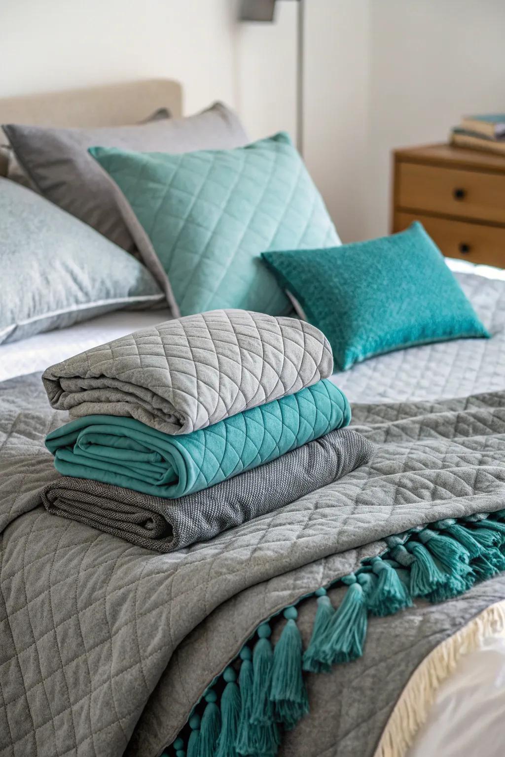 Designing with fabrics in grey and teal makes for a relaxing and welcoming feel.
