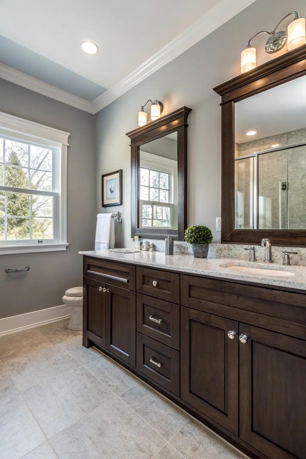 Deep wood cabinetry presents a striking contrast against the light gray walls.