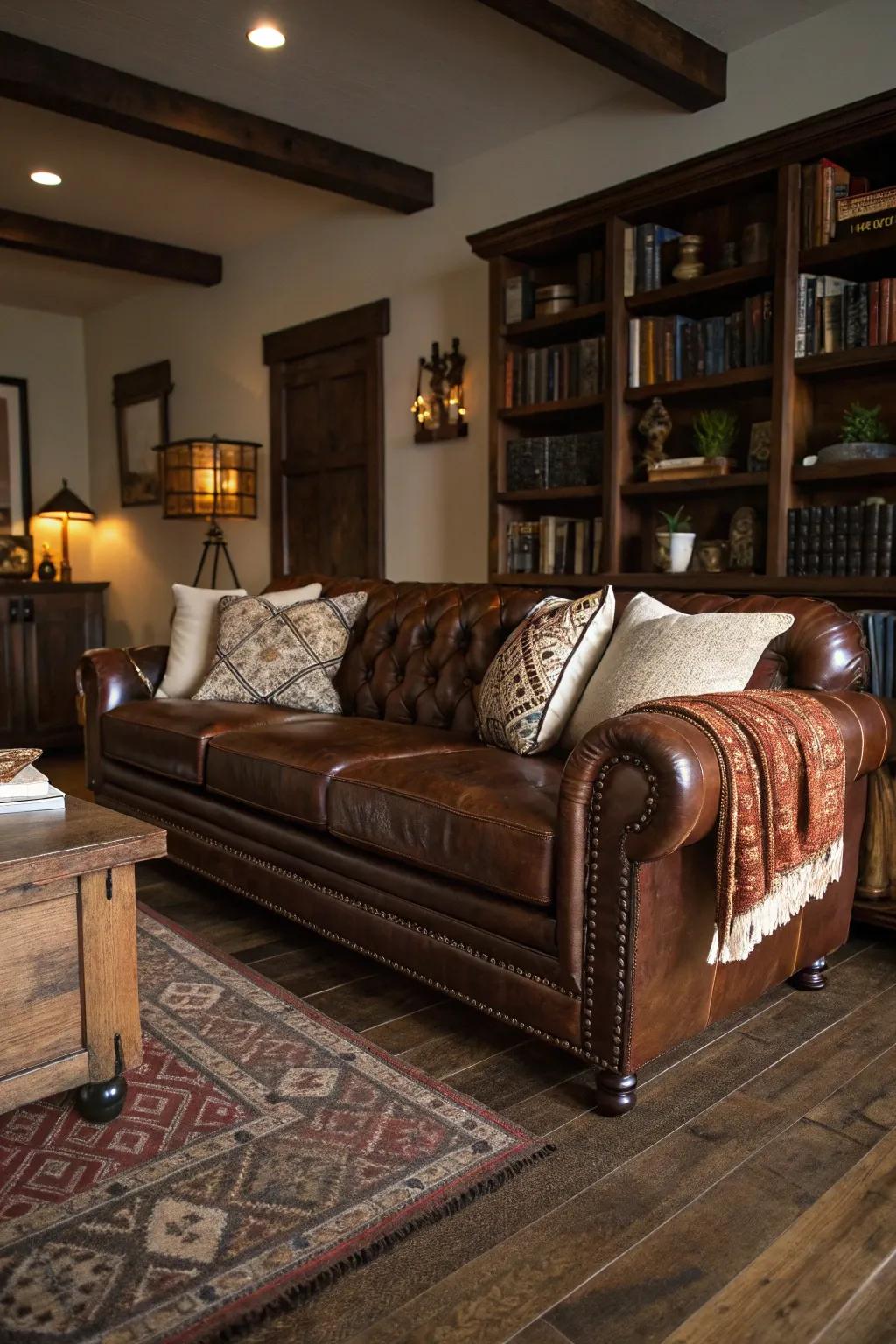 Dark wood floors paired beautifully with a luxurious leather sofa.