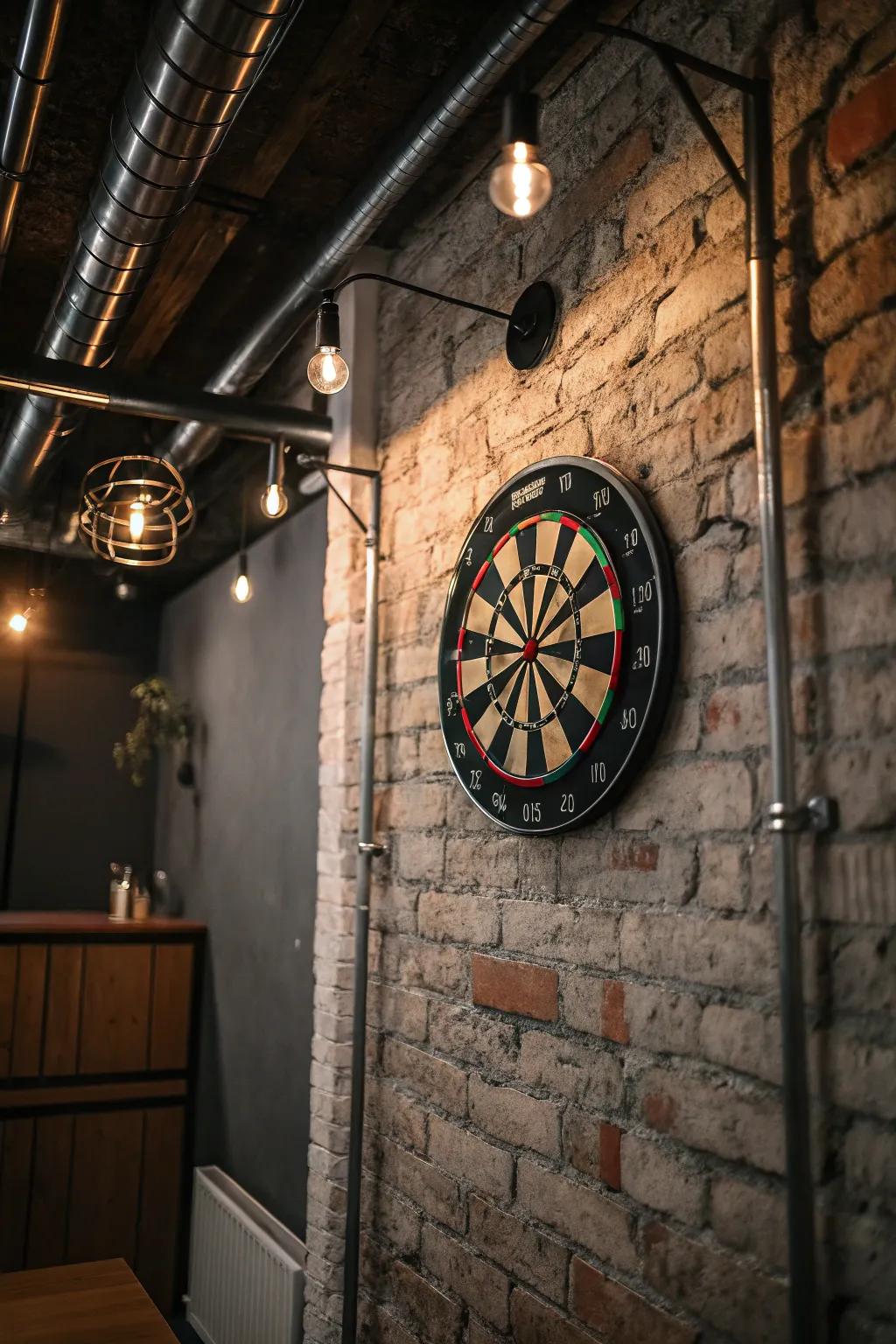 An industrial touch with a brick wall as a backdrop for your dart board.
