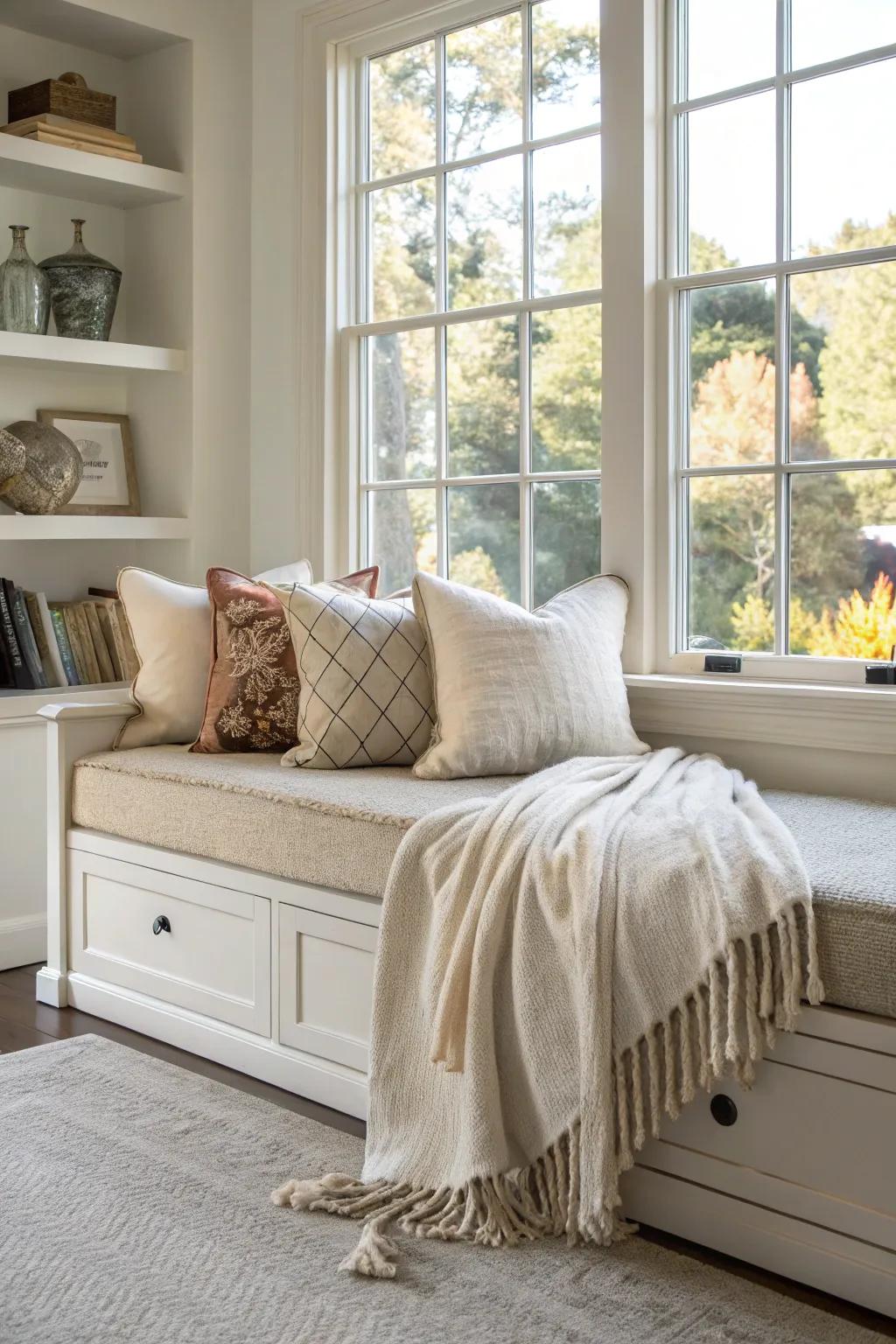 Construct a serene escape with a daybed arranged in a window alcove.