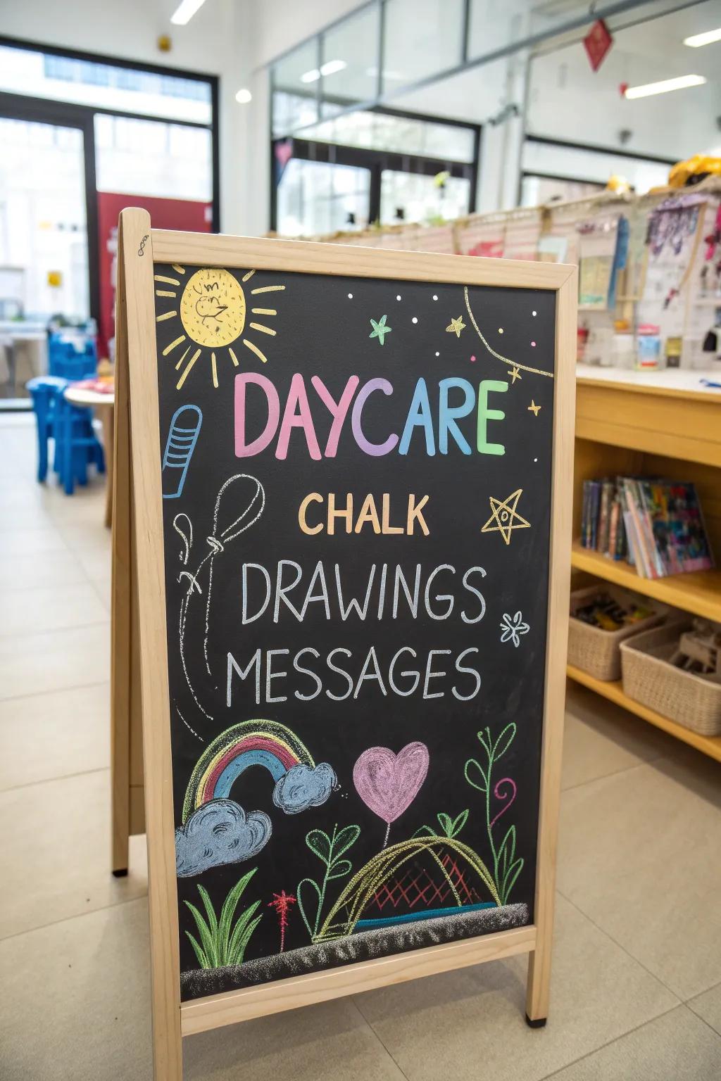 An endearing slate emblem at a daycare, showcasing kaleidoscopic illustrations and individualized missives.