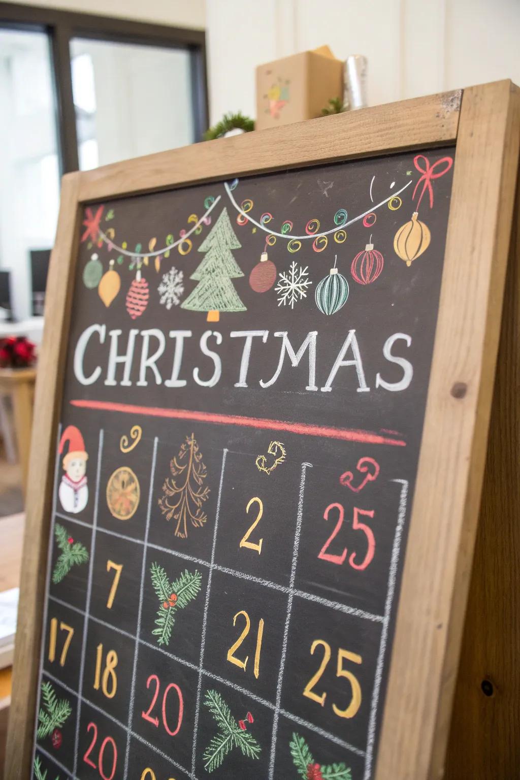 A chalkboard calendar featuring a playful ticker to Christmas.