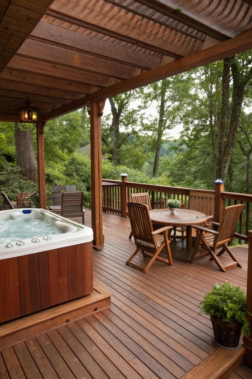 A lovely deck showcasing heat from wood accents by the hot tub.