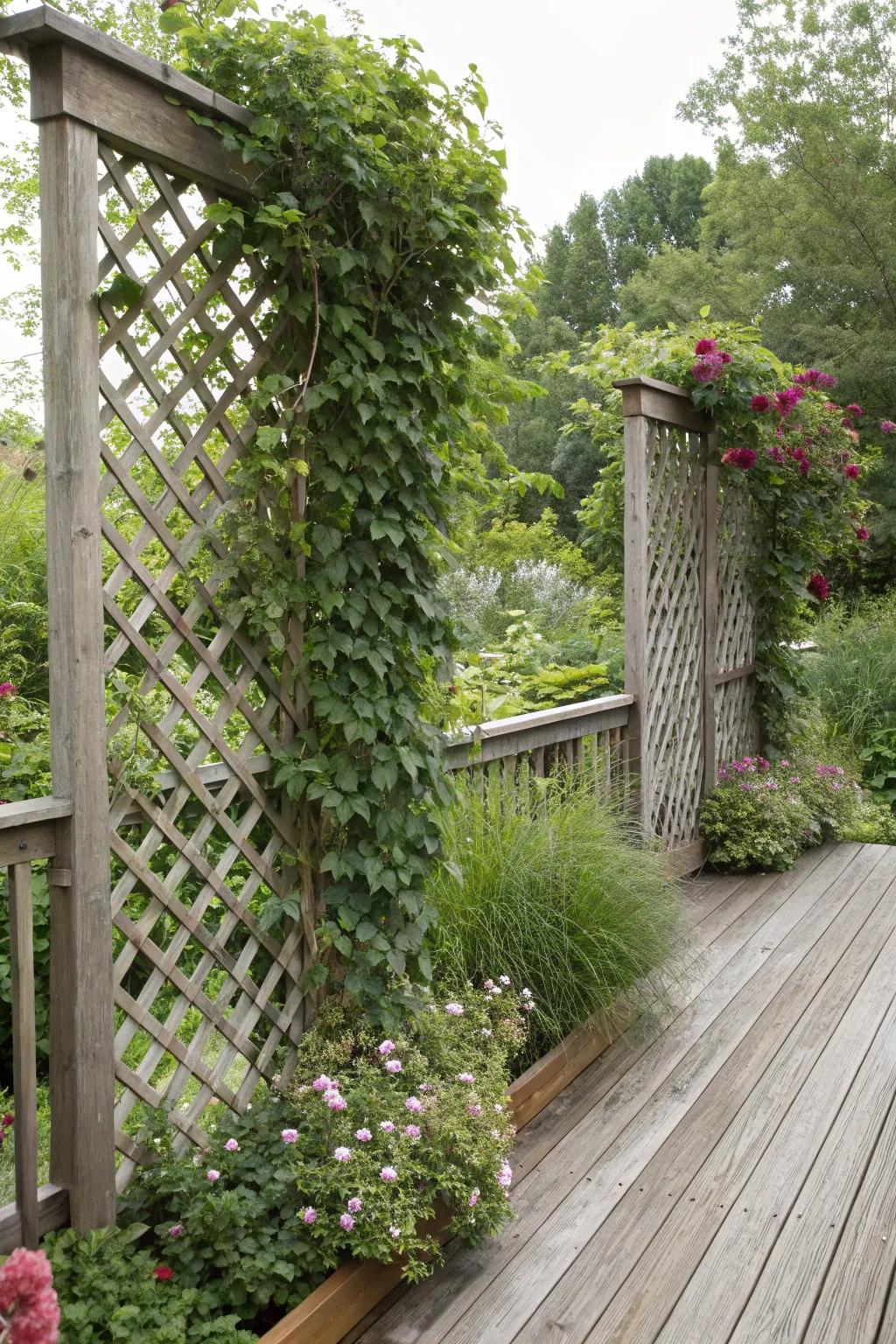 Openwork panels embellished with abundant climbing flora.