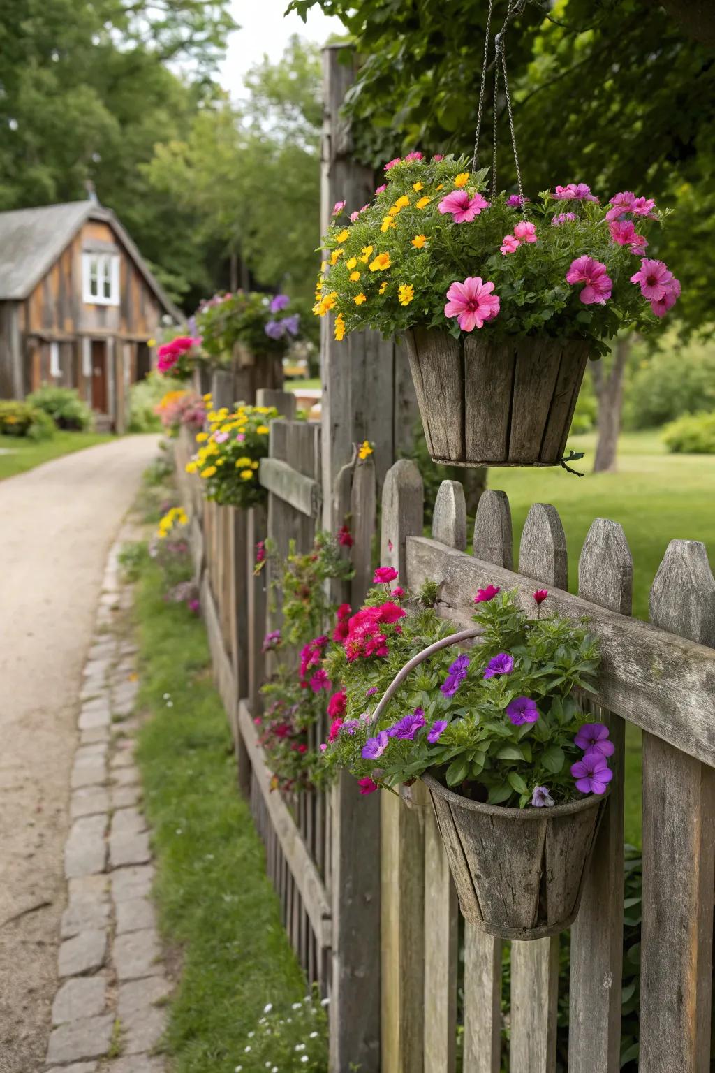 Planters bestow a revitalizing burst of color and vitality upon any fence.