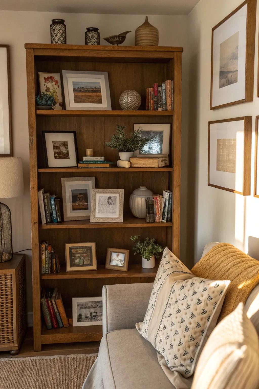 Arranged picture frames on shelves bring character and dimension to a space.