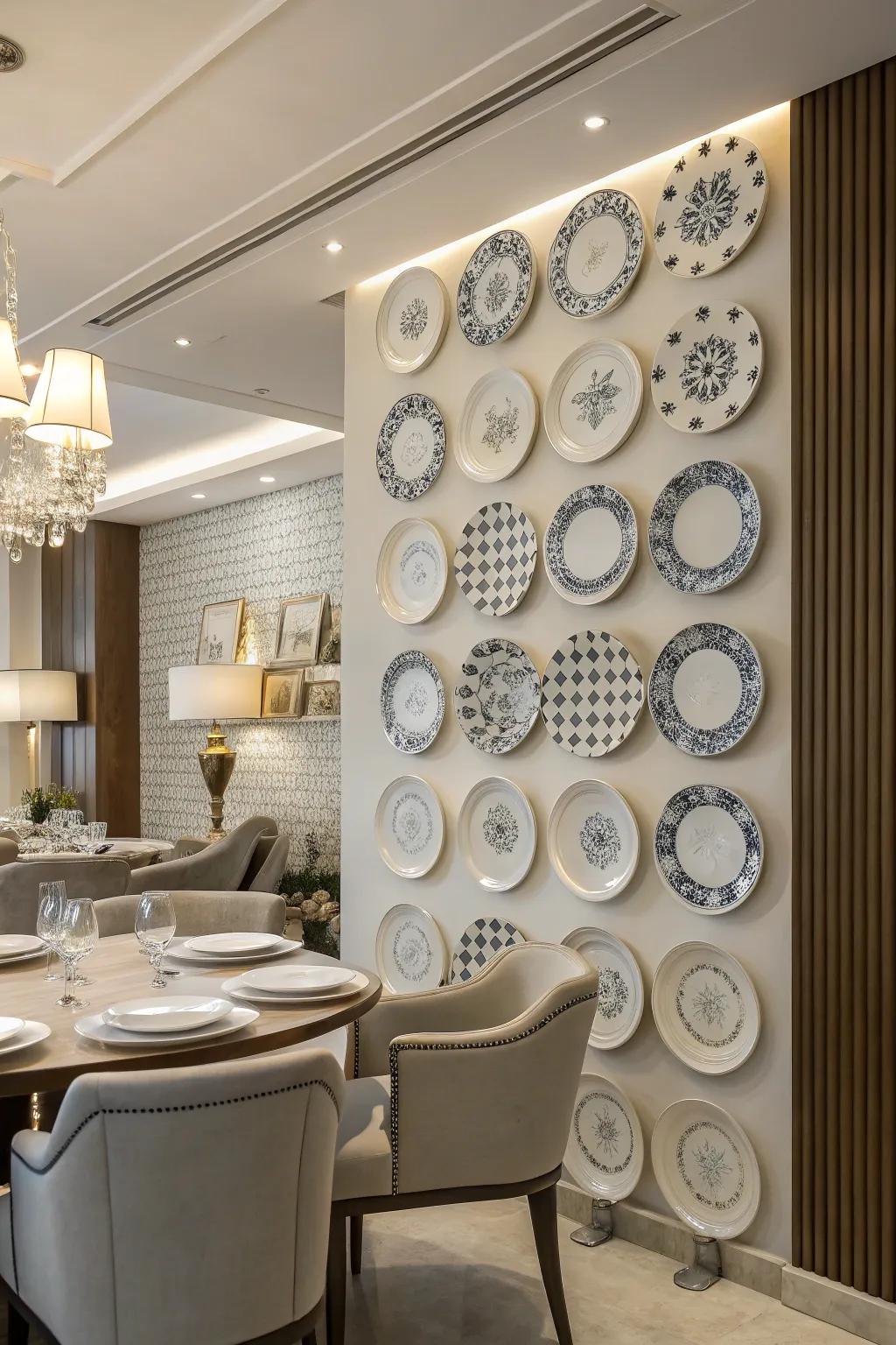 A structured layout of plates adds balance and symmetry to the space.
