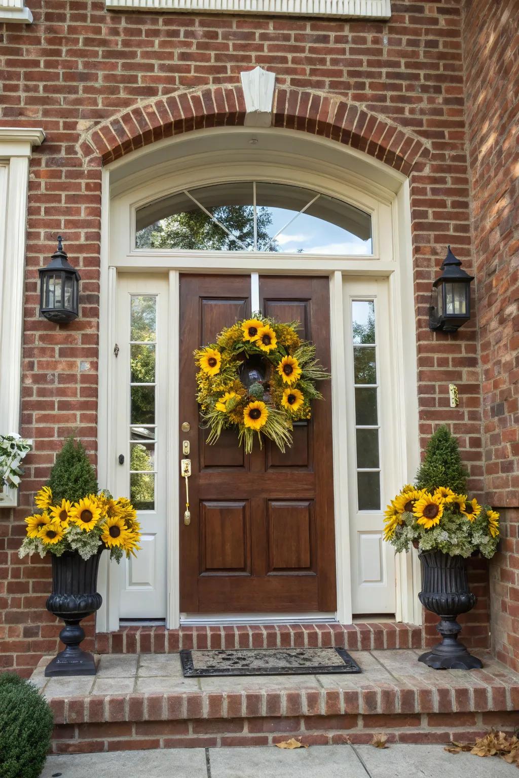 A sunflower wreath imparts an inviting and hospitable aura to any entryway.