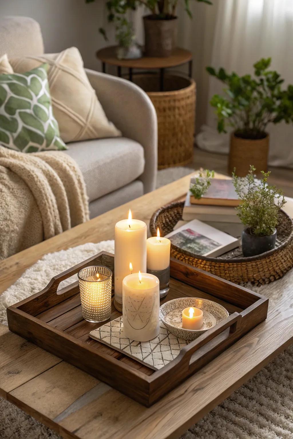 Flame illumination infusing warmth and charisma onto a coffee table surface.