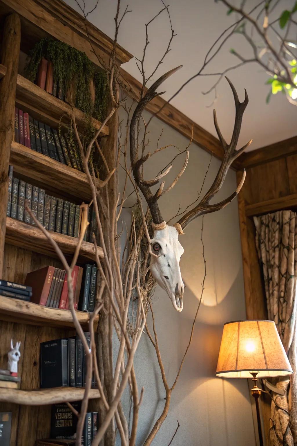 Natural limbs form an edge around this deer skull, contributing a dash of countryside charm.