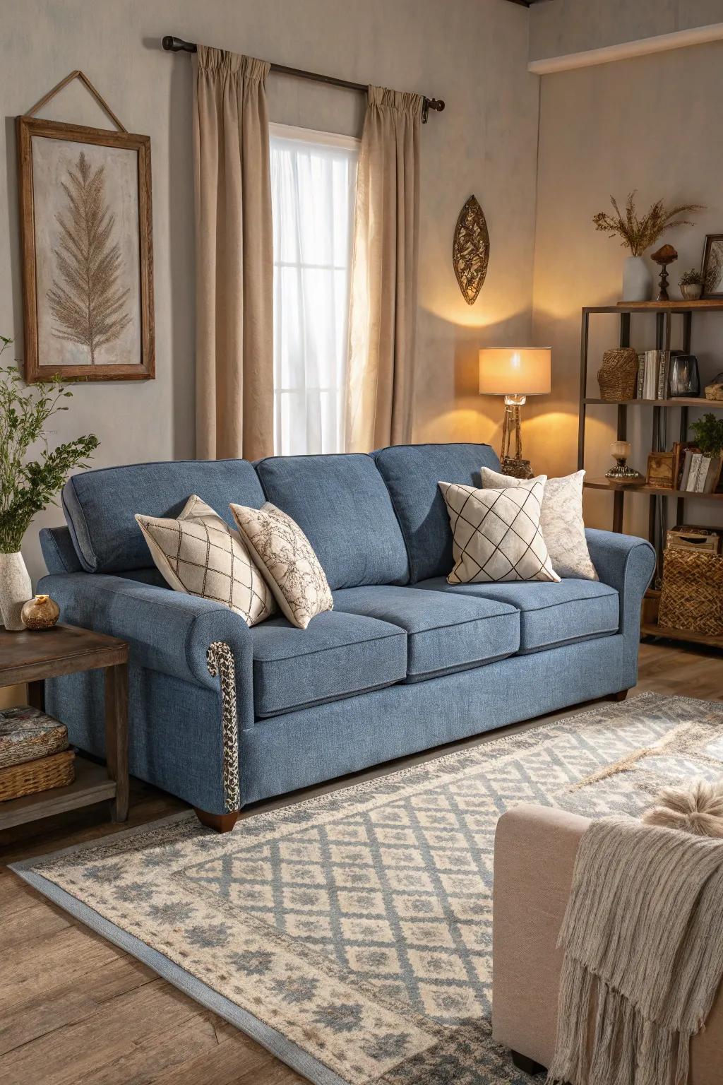 Mild shades harmonize with the opulence of the cerulean couch.