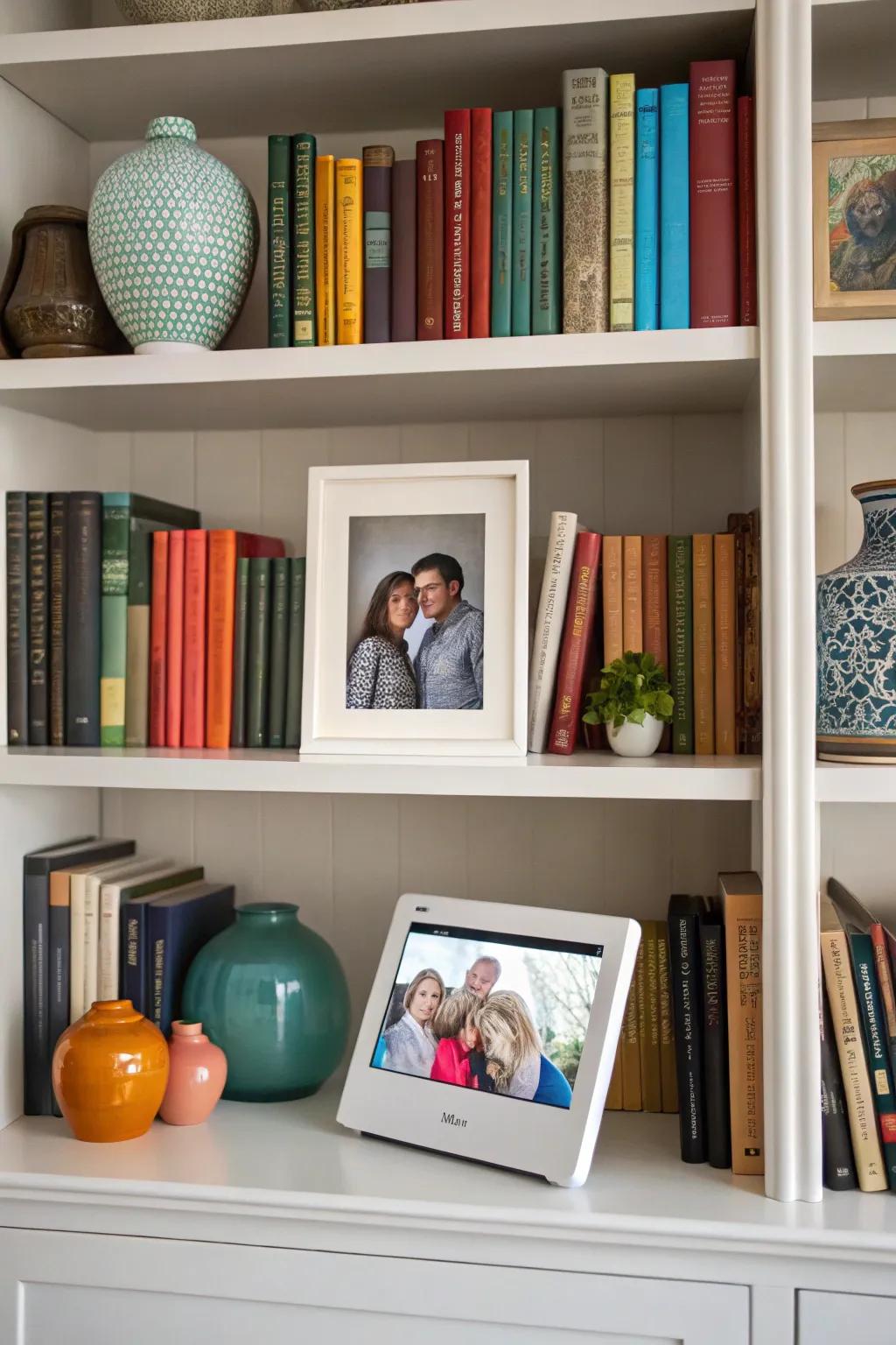 Bookcases are revitalized with a digital picture display.