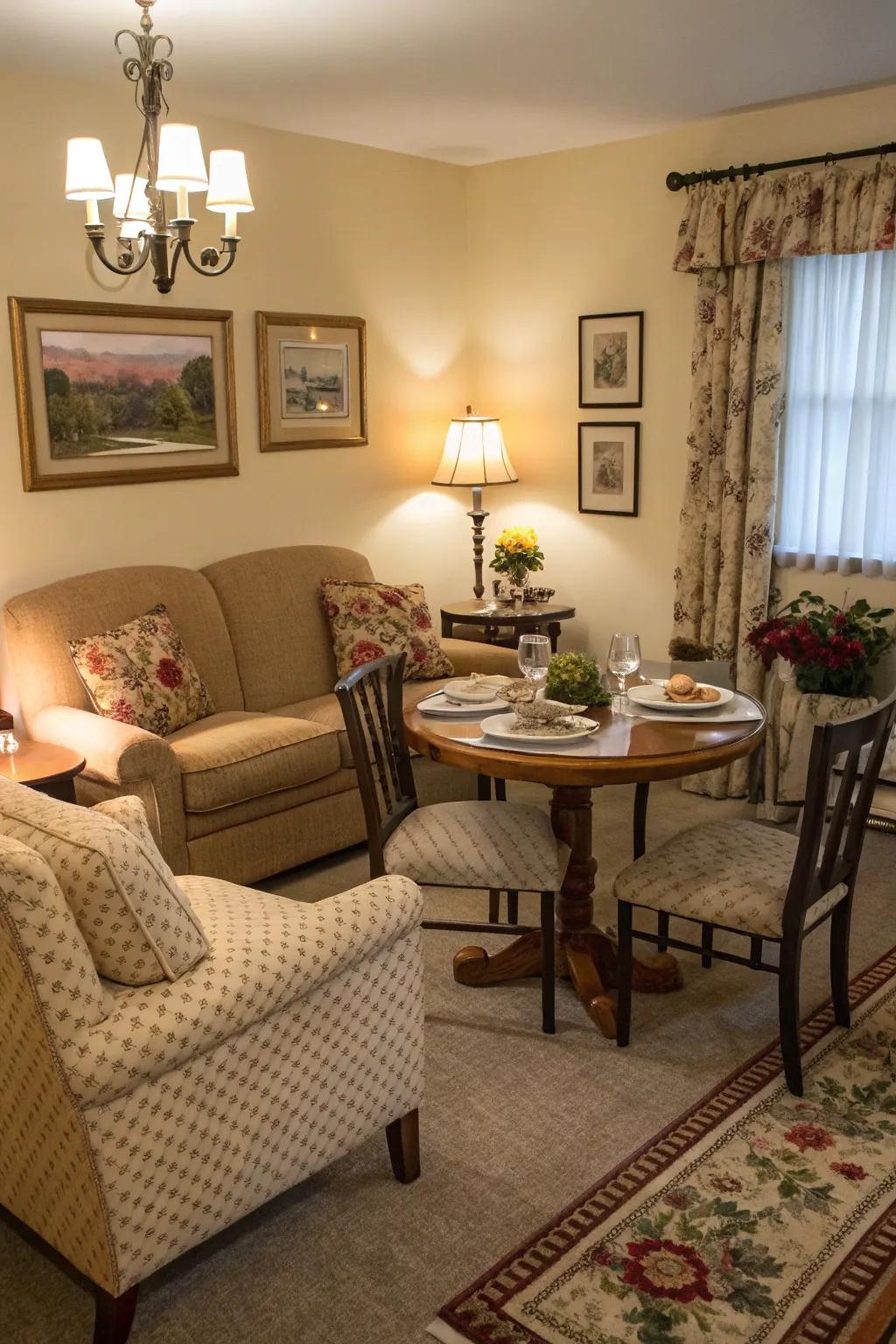A corner table situated in the living room presents a laid-back dining alternative.