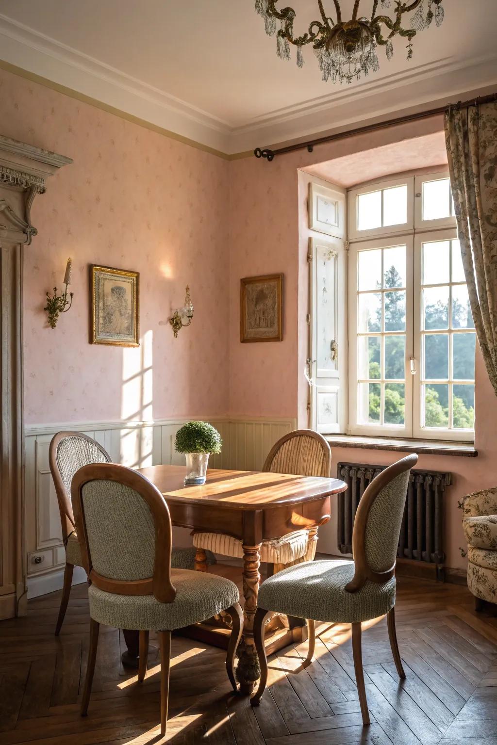 A dining room themed in delicate shades, radiating charm and peace.