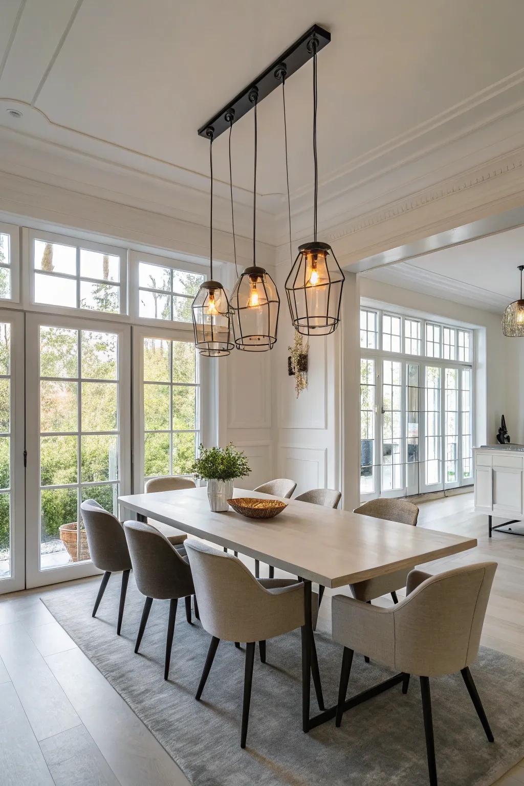 Suspended lights arranged linearly introduce a modern sharpness to this dining area.