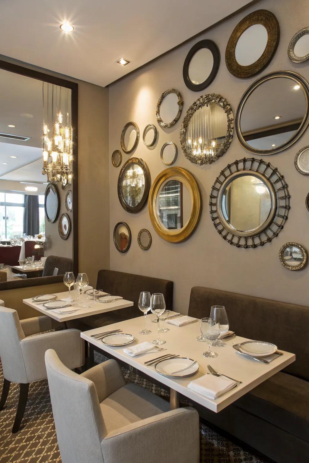 A reflector feature wall introduces an artistic element to your dining space.