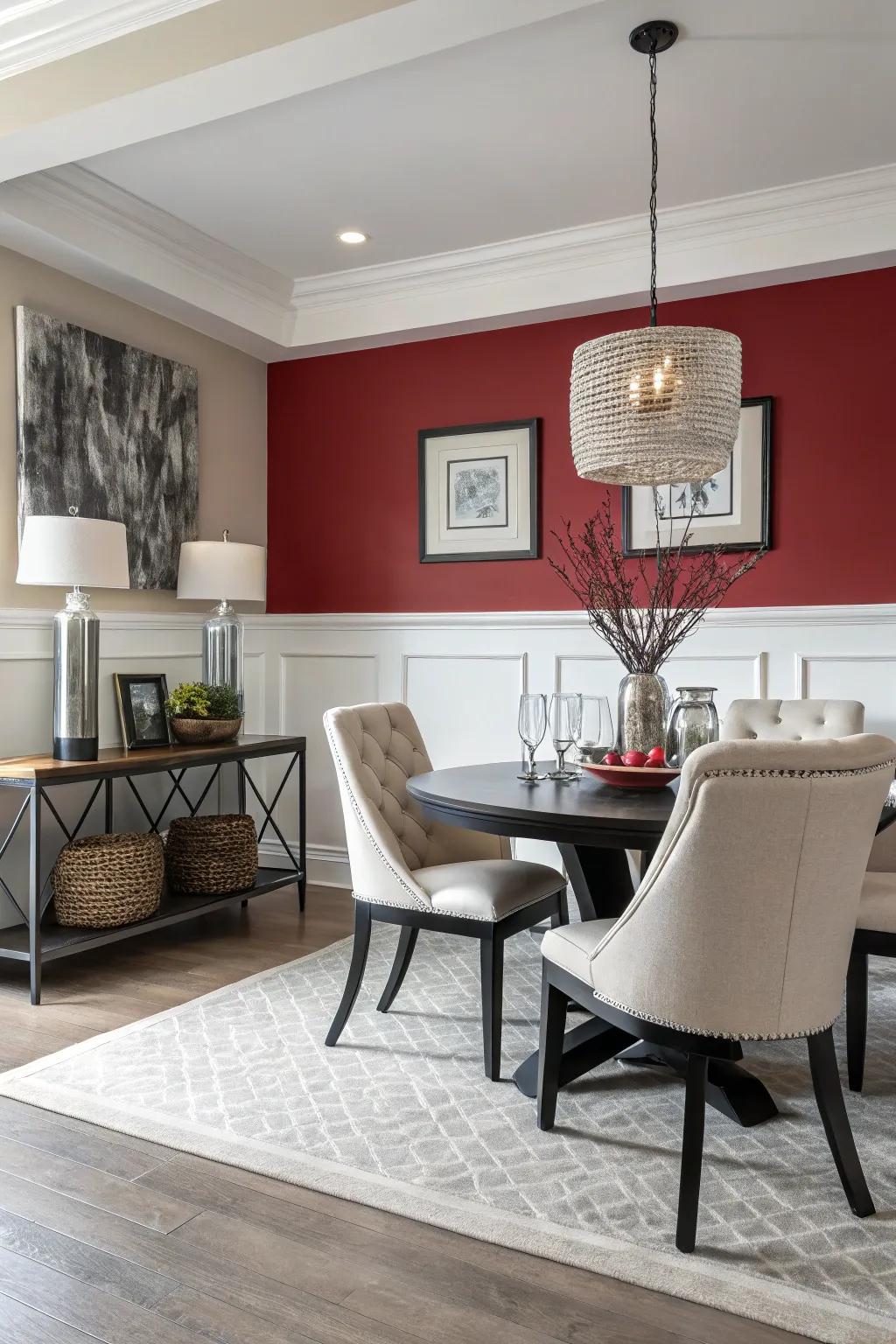 A striking color beneath the chair rail fosters a modern and unforgettable visual.