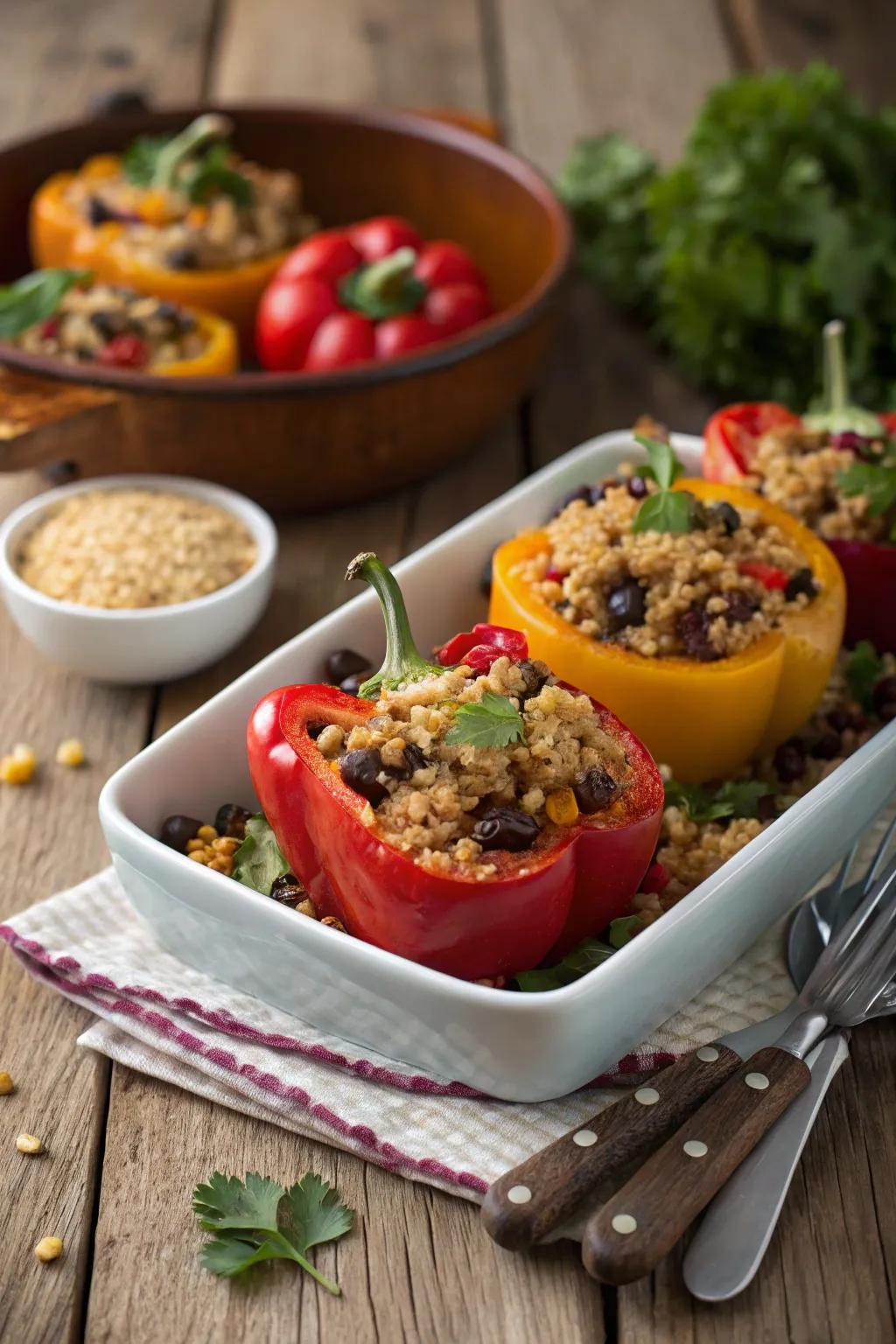 Stuffed bell peppers with quinoa and legumes.